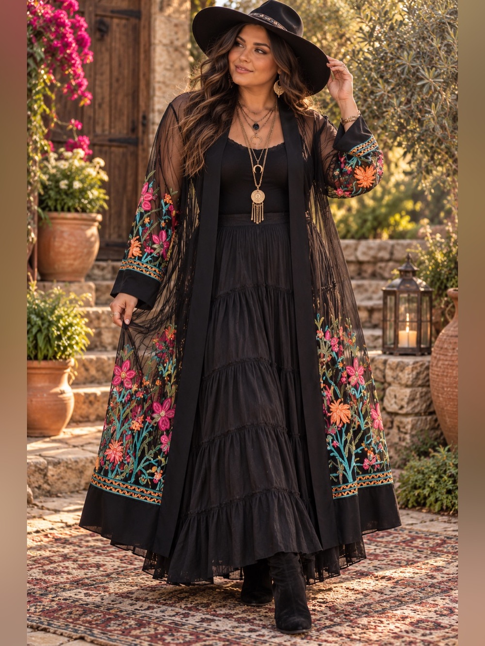 Liv Los Angeles Embroidered Black Sheer Maxi Dress Kimono - Size 1X Floral